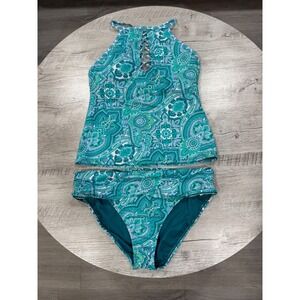 Bleu Rod Beattie Paisley Tankini Set Halter Lace Up High Waist Bikini